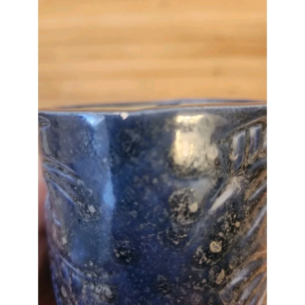 Vtg Set of 4 Tiki Mug Glass Cup Dark Blue Metallic Glaze Glossy Hawaiian Beach